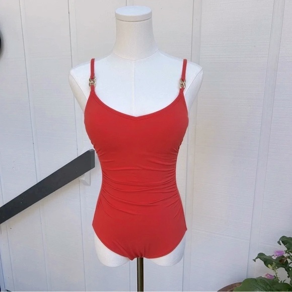 Michael Kors Orange Solids Logo Gold Chain One-Piece Swimsuit Women’s Size 6 - Picture 2 of 12
